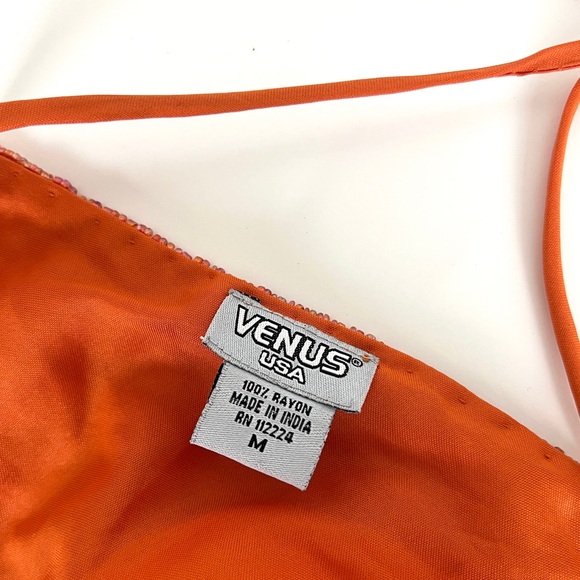 Vintage Y2K Orange V- Neck Sequin Beaded Babydoll Halter Top - Picture 4 of 5